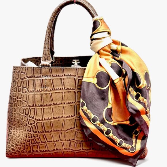 Unused  Cat In The Closet Leather Brown  Alligator Shoulder Bag+FREE Silk Scarf - Picture 4 of 16